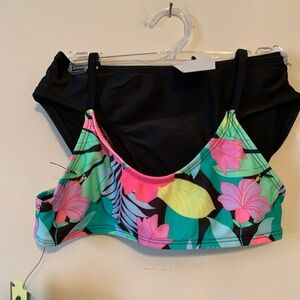 art class Kids Bikini - Black with Pink and Green Floral